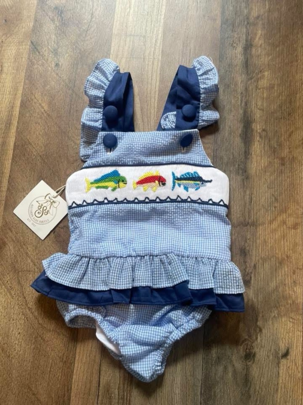 Blue Seersucker Ruffle One-Piece Swim with Fish Embroidery - (Kids) - Picture 1 of 1